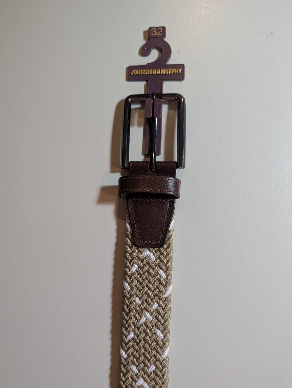 Johnston & Murphy Tan and White Braided Belt with Brown Leather Trim Sz 32 NWT